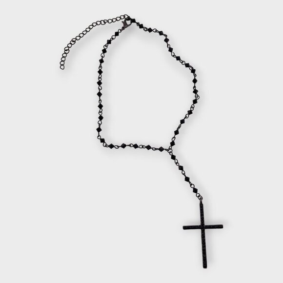 Vintage Spanish Black Crystal Cross Necklace Black Crystal Chain - Picture 1 of 11